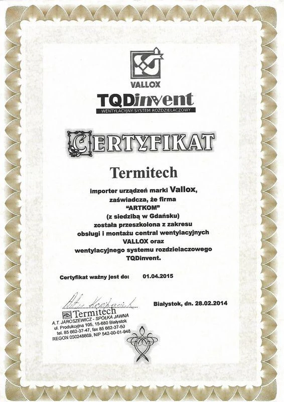 Certyfikat 5 - certyfikat Artkom